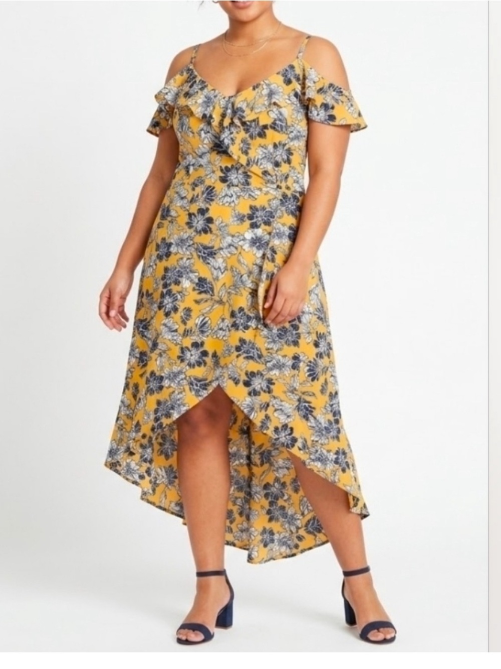 IZ Byer Mustard Floral High Low Midi Dress XL Ruffle Cold Shoulder Sleeveless
